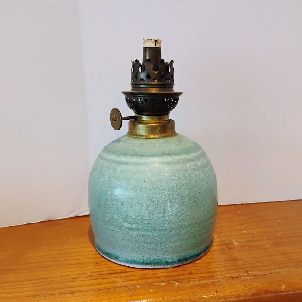 Vintage Seafoam Green Ceramic Studio Pottery Oil Lamp With Ornate Brass Coronet